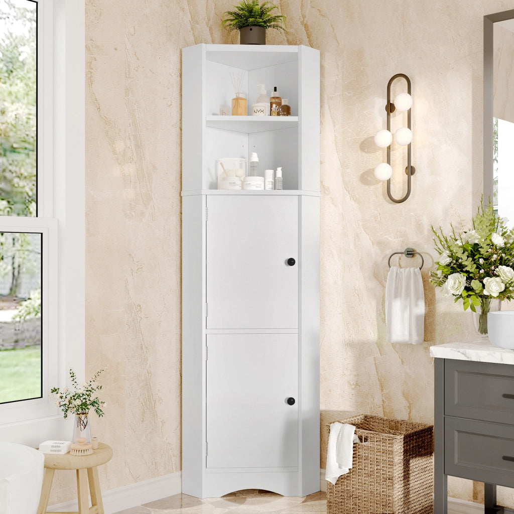 Mobile angolare da bagno con 2 ante, 2 vani aperti e ripiani regolabili, in MDF laccato, bianco, 51.7 × 32 × 155.4 cm