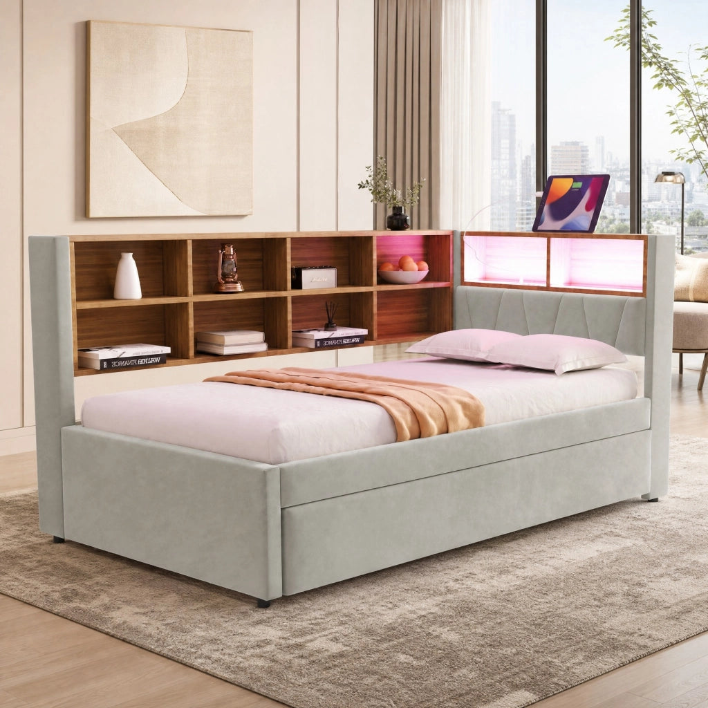 Divano letto 90x200 cm con letto estraibile 90x190; LED; USB e Type-C; vani contenitore; grigio chiaro