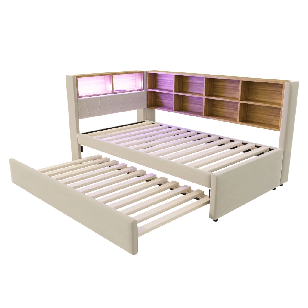 LETTO a scomparsa 90x200 cm Beige con LED e prese