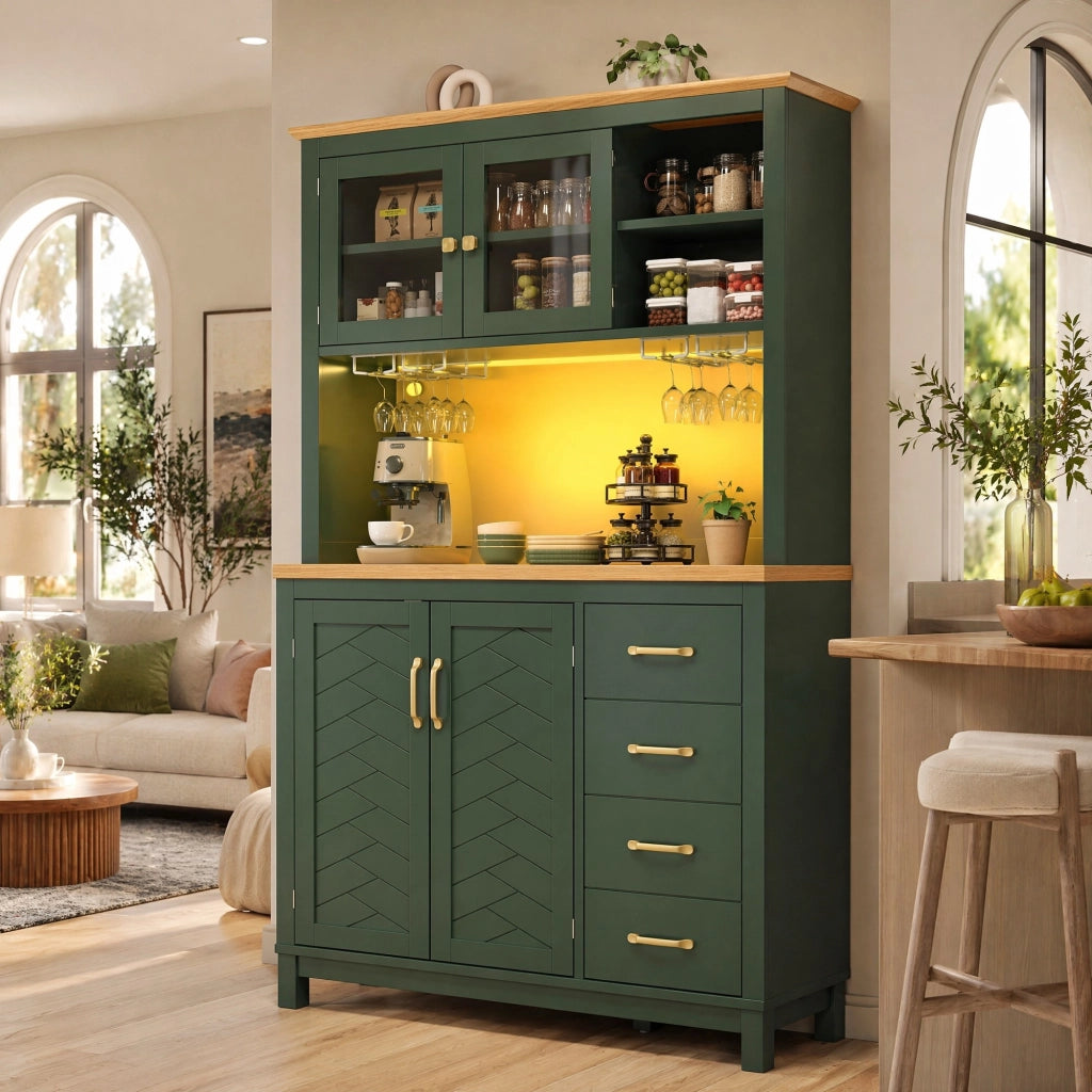 Credenza buffet in MDF verde con LED, 105,5 x 40 x 180 cm, 4 ante e ampio spazio contenitivo