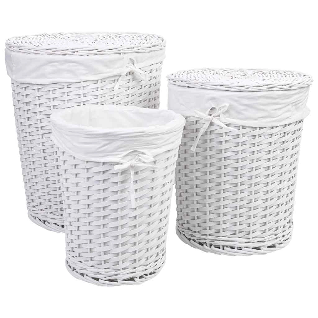 Set di 3 cestini in vimini bianchi: L: 43x43x50 cm, M: 36x36x43 cm, S: 30x30x37 cm