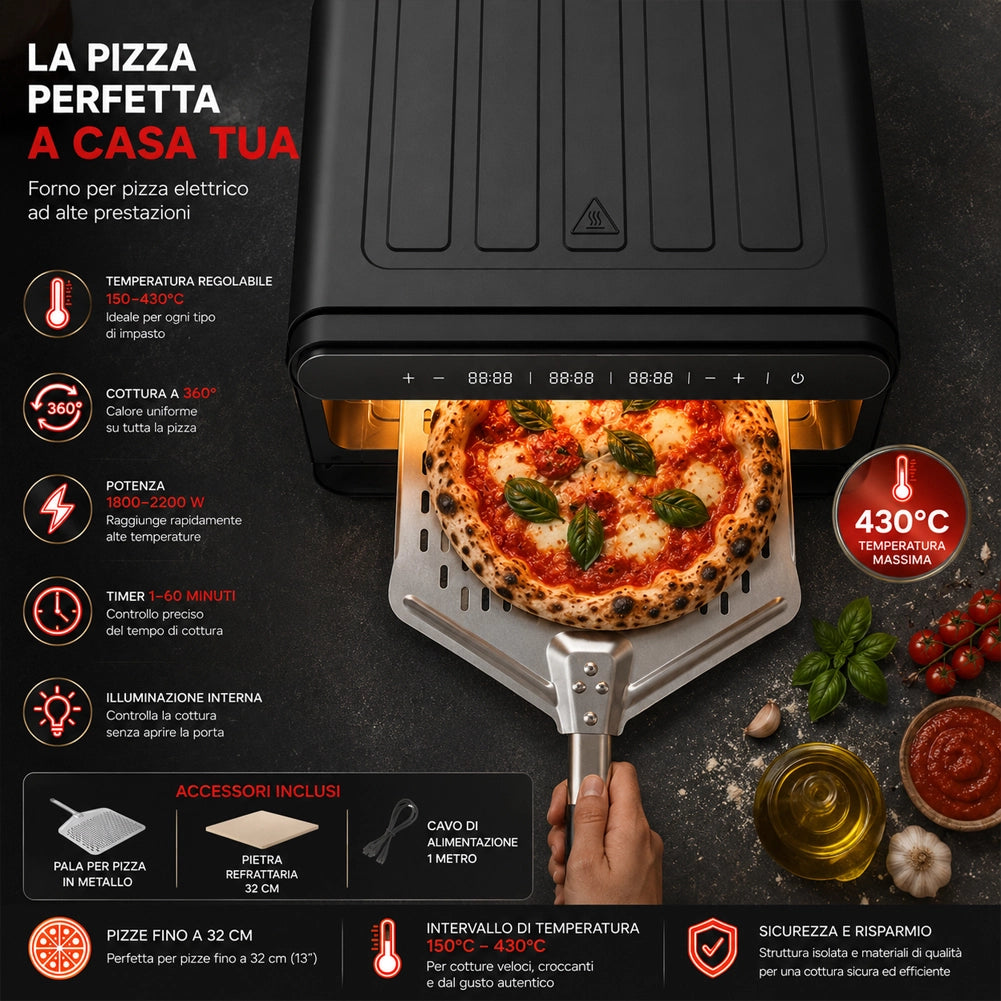 Pizza Maker Forno Elettrico Pizze 2200W Temperatura 150-430° Cottura Uniforme