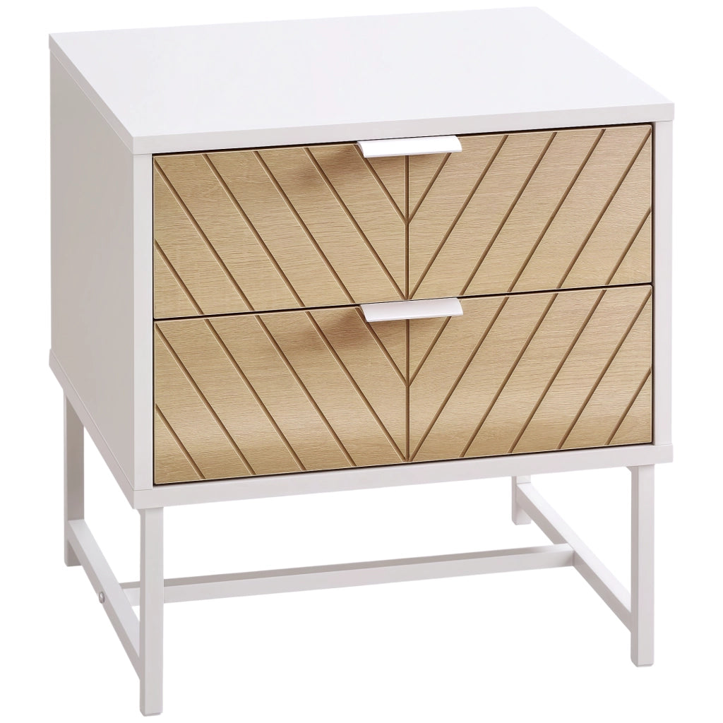 Comodino con 2 cassetti ¨C Xylo ¨C Bianco e rovere, gambe in acciaio, 45x39x48 cm