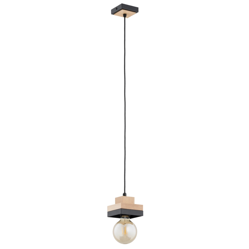 Lampada a sospensione LARSO Alfa nero/legno E27 15W