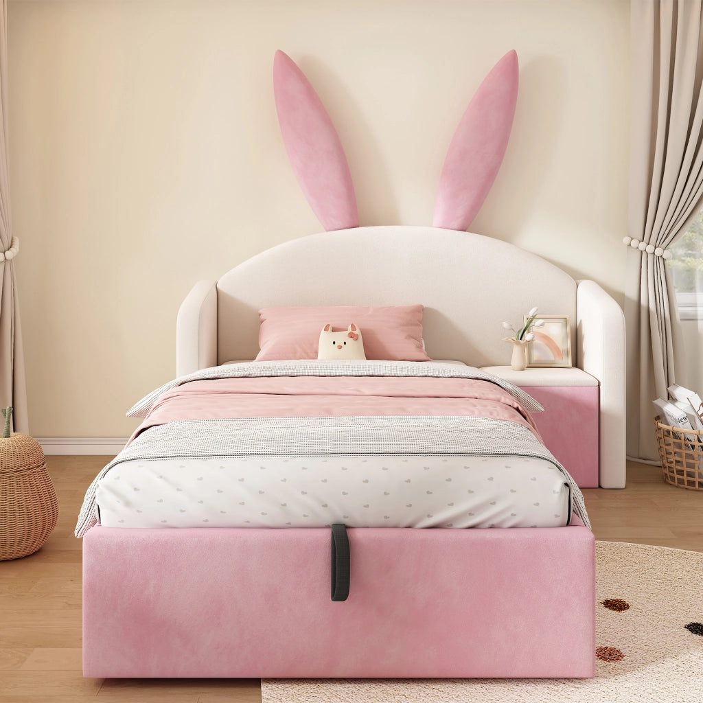 Letto Contenitore per Bambini 90 x 200 cm con Comodino e Orecchie - Beige e Rosa