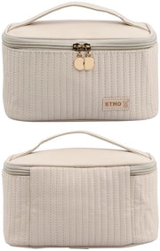 Borsa da viaggio per cosmetici, borsa per trucco per donne, borsa da toeletta in pelle PU beige con tasca per spazzola, borsa da trucco impermeabile con maniglia per donne e ragazze (beige)