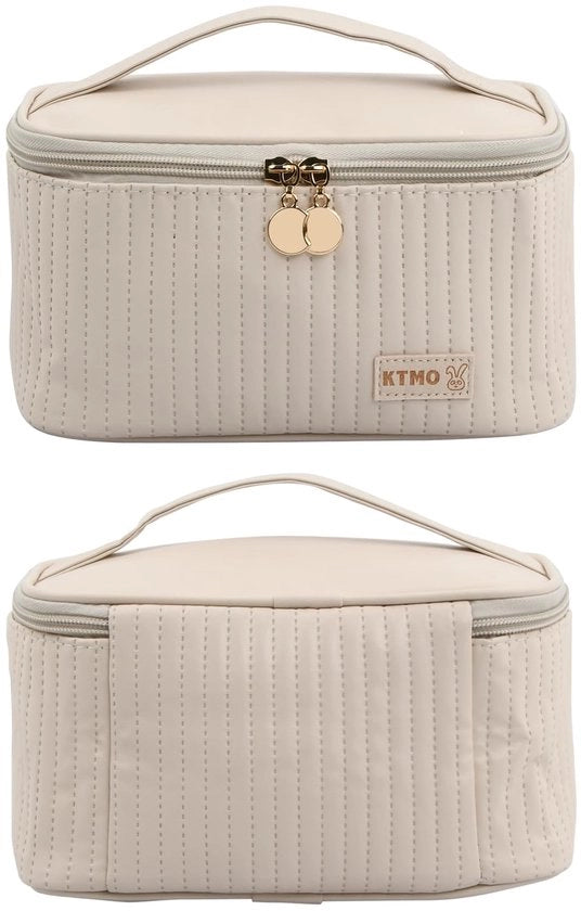 Borsa da viaggio per cosmetici, borsa per trucco per donne, borsa da toeletta in pelle PU beige con tasca per spazzola, borsa da trucco impermeabile con maniglia per donne e ragazze (beige)