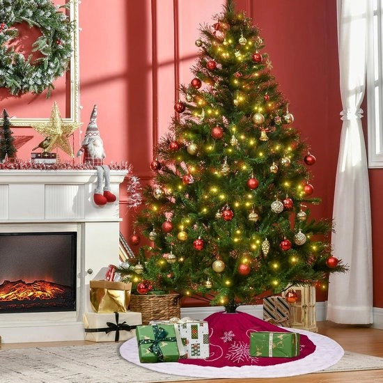 Abito da albero di Natale rosso di 120cm con bordo bianco a sbuffo di neve ricamato, abito da albero di Natale in velluto lussuoso decorazioni per albero di Natale accessori per la festa di Natale decorazioni per la festa di Natale