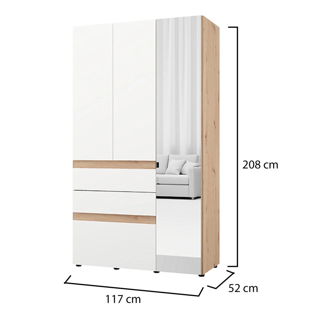 Armadio Camera da Letto Zuccare, Guardaroba 3 Ante Appendiabiti, 117x52 cm Bianco Opaco