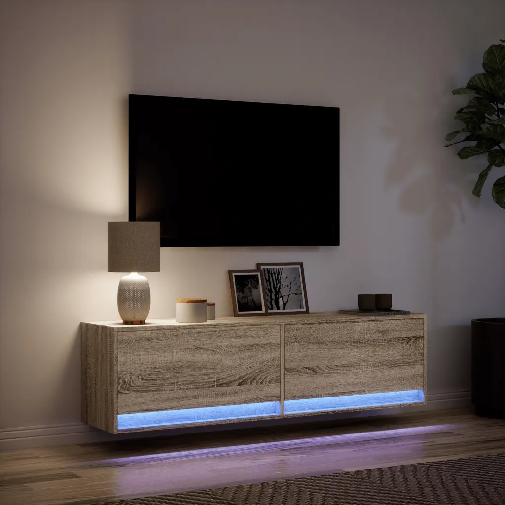 Mobile TV a Parete con Luci LED Rovere Sonoma 140x31x38 cm 852371