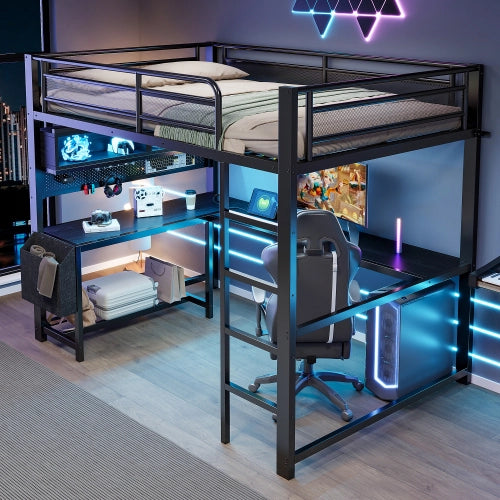Letto a soppalco con scrivania 140x200 cm LEMONMAX, LED 7 colori, 2 prese e 2 USB, mensole, struttura in metallo, nero