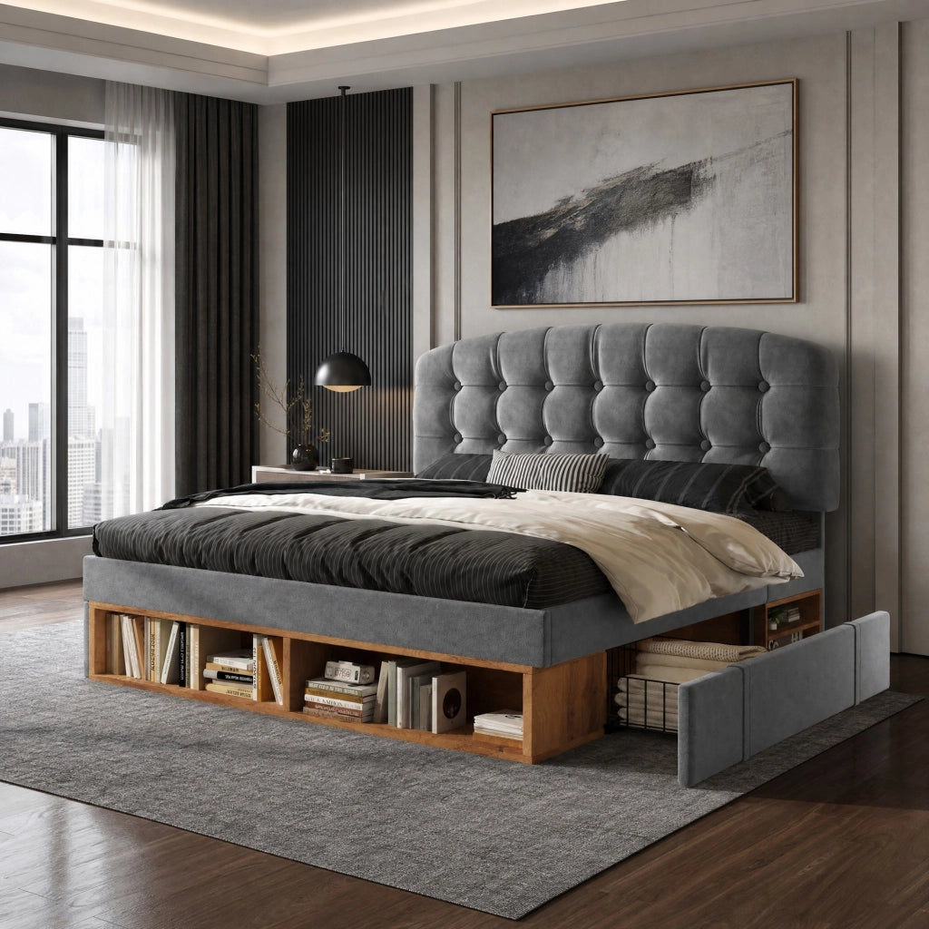 DESMIU Letto imbottito 140 × 190 cm 2 posti con testiera regolabile, vani e cassetti, senza materasso, in velluto grigio