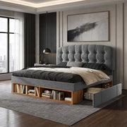 DESMIU Letto imbottito 140 × 190 cm 2 posti con testiera regolabile, vani e cassetti, senza materasso, in velluto grigio