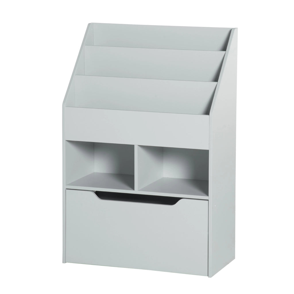 Libreria mobile per bambini con 3 ripiani 2 scomparti cassetto e 4 ruote ¨C Xylo ¨C Legno grigio 60x29,9x90 cm