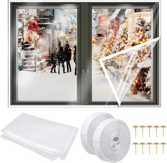 Kit di isolamento per finestre 16 x 12 m con nastro e chiodi a bolle Pellicola trasparente tagliabile per la maggior parte delle finestre Isolante per vetro riciclabile per l'inverno