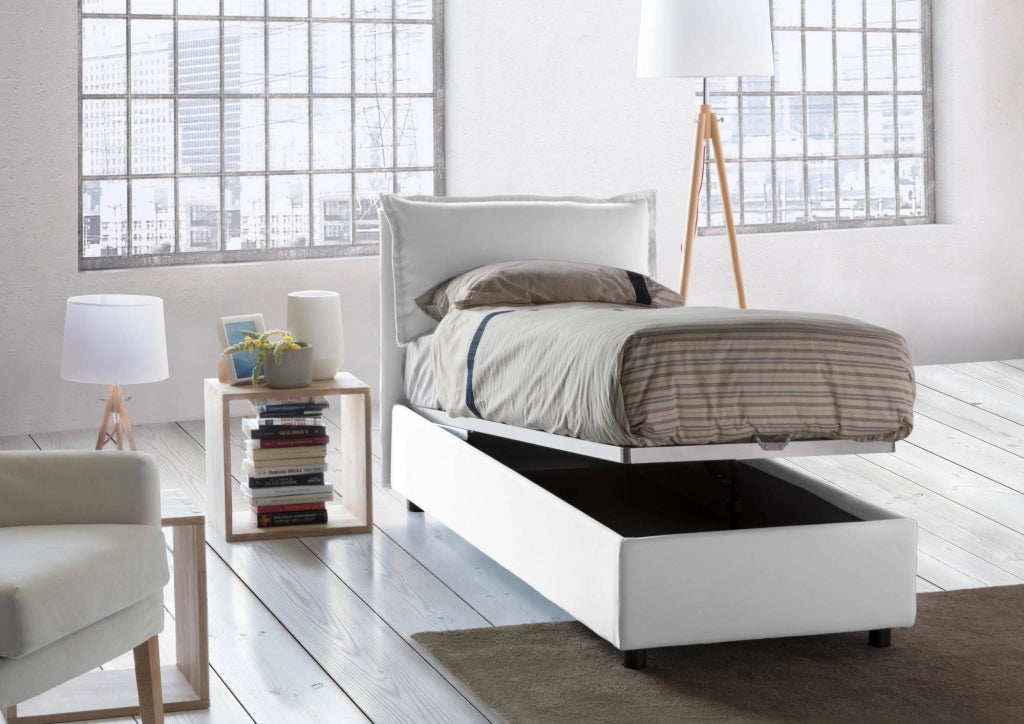 Letto singolo Ancara, Letto contenitore con rivestimento in tessuto, Made in Italy, Apertura frontale, con materasso cm 80x200 incluso, Bianco