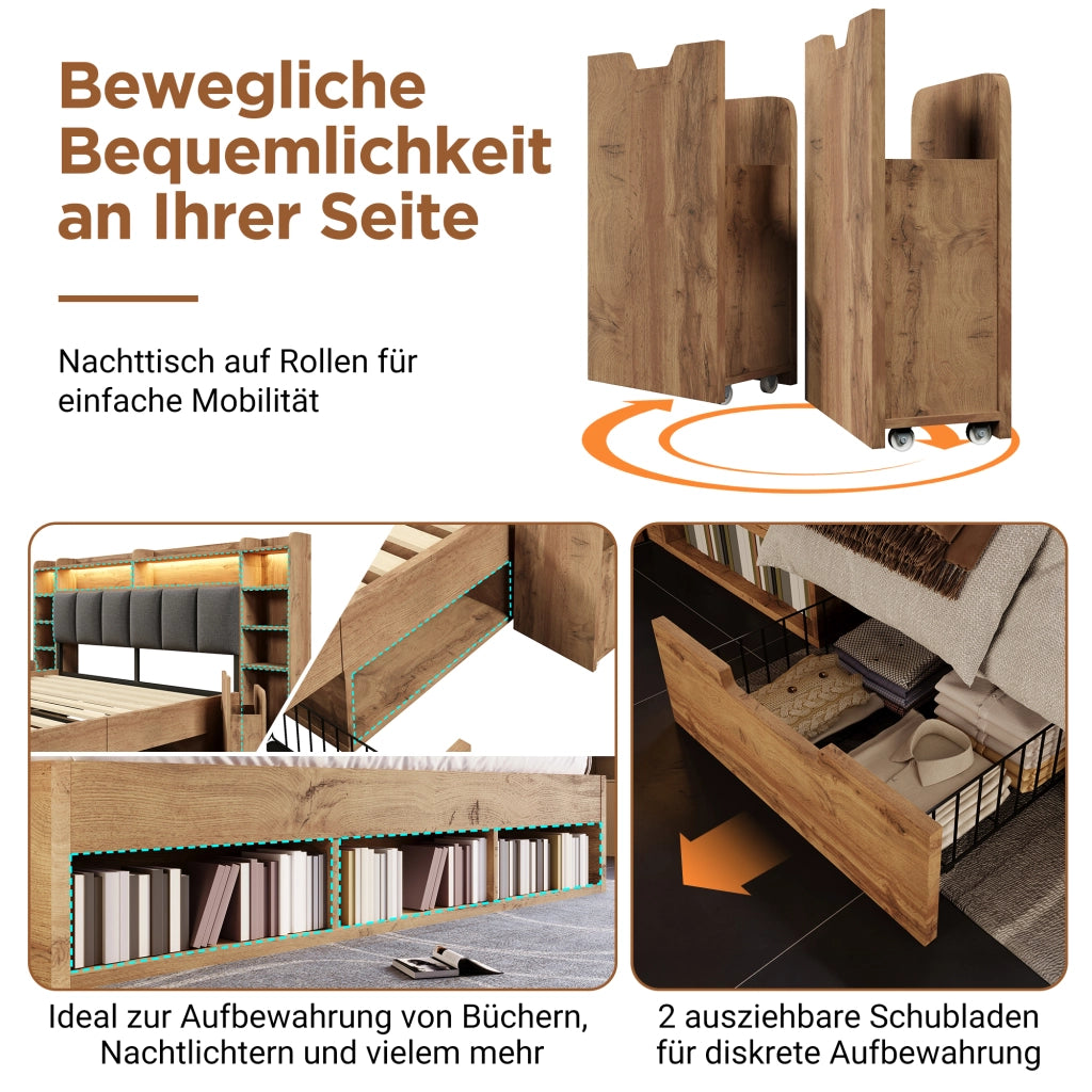 DESMIU Litto Combinato 160 × 200 cm 2 posti con LED, USB, Type-C, vano contenitore e cassetti, senza materasso, in legno, rovere