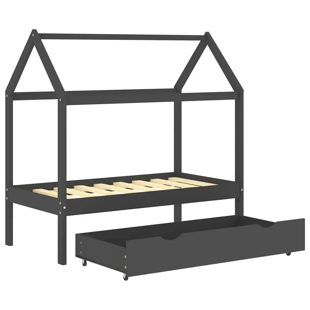 Giroletto Bambini Cassetto-Struttura Letto Bambini Grigio Scuro Pino Massello 70x140 cm