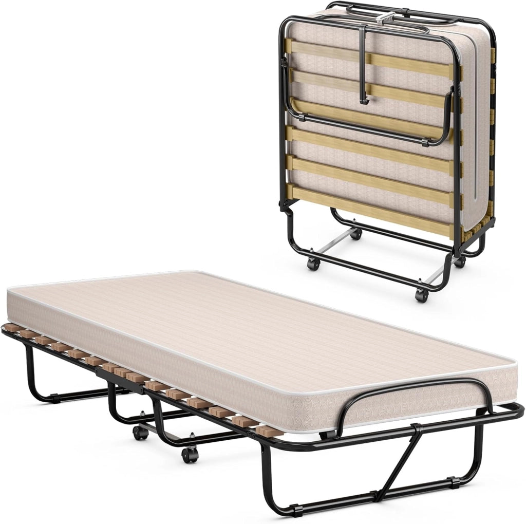 Brandina Pieghevole con Materasso, in Memory Foam, Struttura Resistente e 4 Ruote Girevoli, Lettino Pieghevole per Casa Ufficio, 190x80x33 cm (Beige)