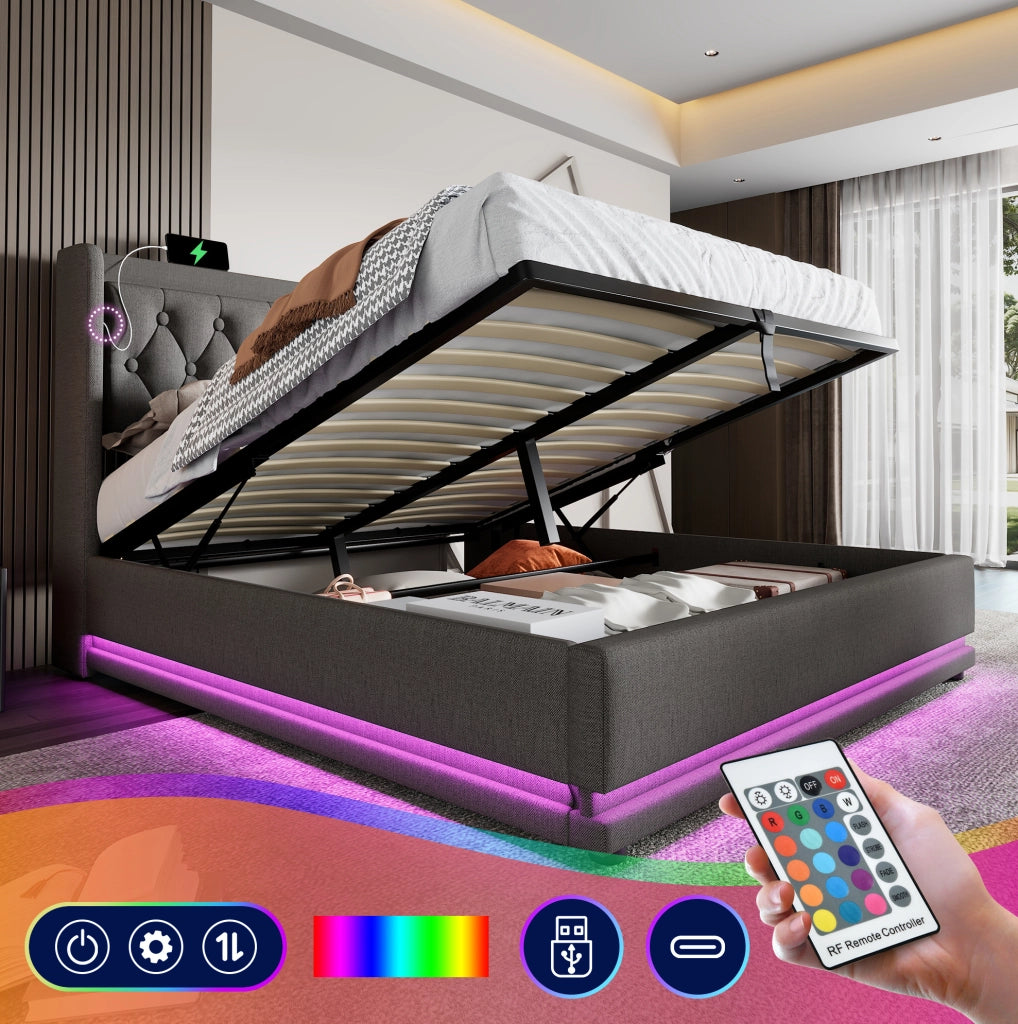 Letto imbottito 140x200 cm con materasso, contenitore, USB Type-C e LED