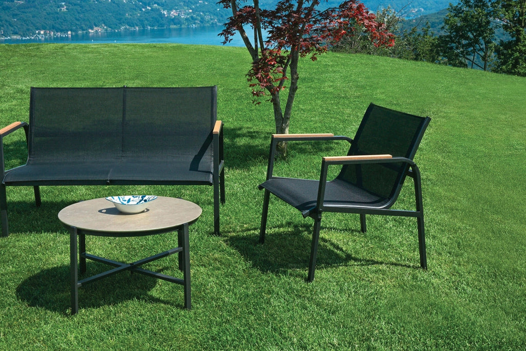 Set Salotto da Giardino Divano 2 Poltrone e Tavolino Tarquinia in Ferro e Textilene Antracite