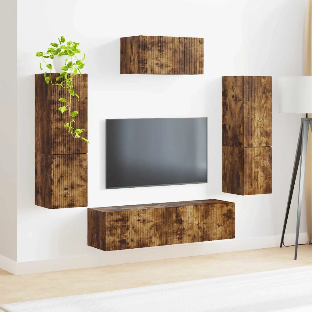 Set mobile TV 4 pz-Credenza per TV Rovere fum¨¦ Legno multistrato 584217