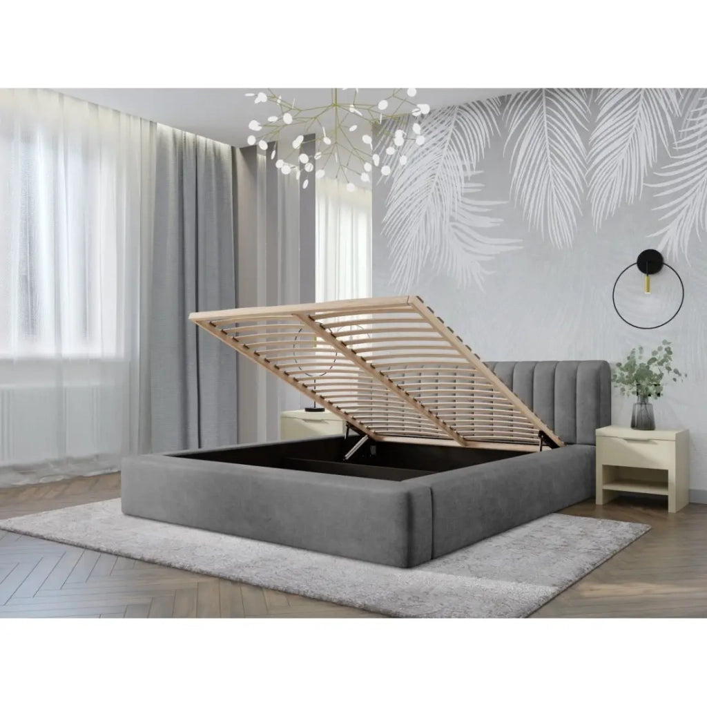 Letto contenitore CERVIN – Velluto morbido Nacre di cemento – 160x200 cm – Rete sollevabile – Design contemporaneo