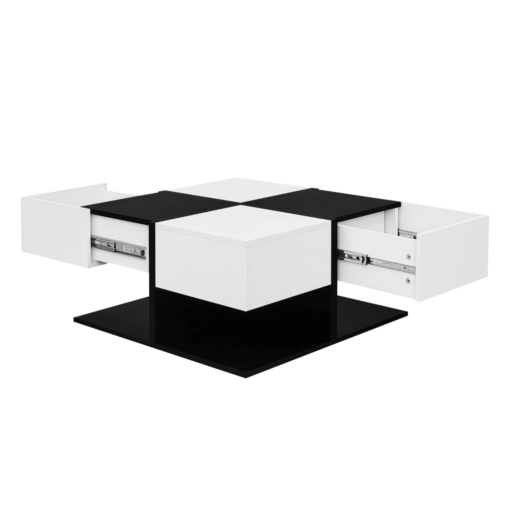Tavolino basso quadrato con 2 cassetti e vano contenitore per soggiorno in pannello truciolare nero e bianco 70 × 70 × 35,5 cm