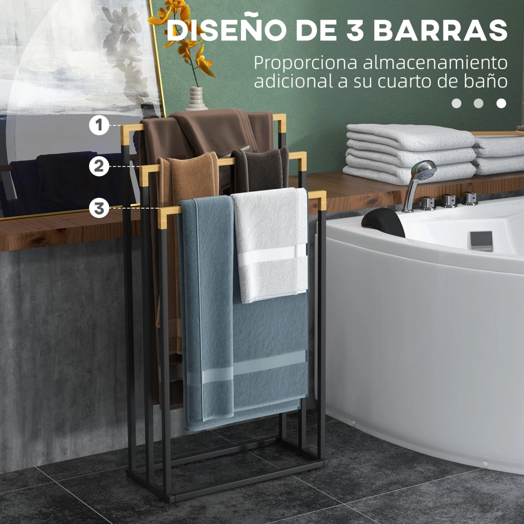 Portasciugamani a Terra con 3 Barre ¨C Xylo ¨C Bamb¨´ e Acciaio Nero 45x22,5x86 cm