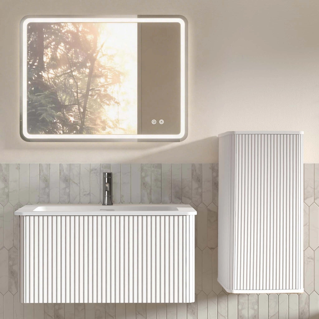 Set mobili da bagno con lavabo e specchio LED, mobile sospeso bianco in MDF