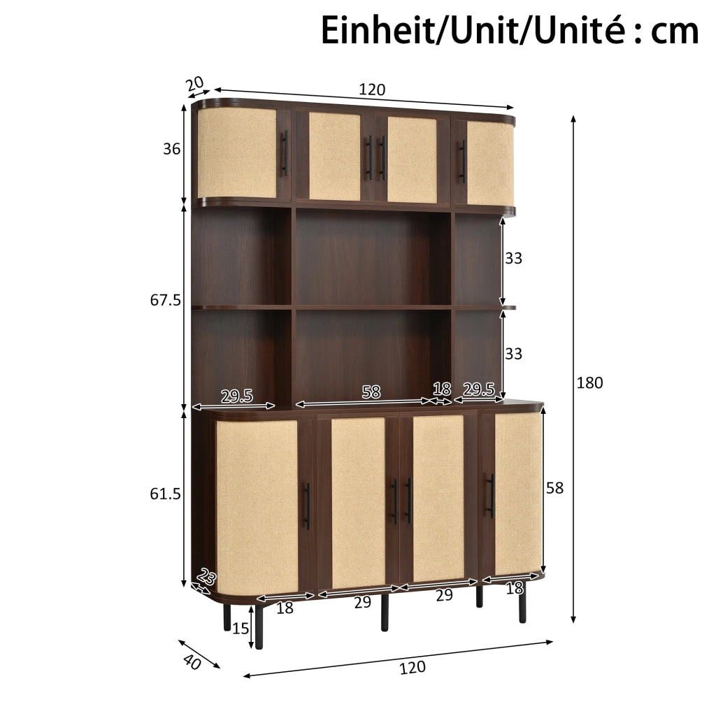 Credenza e madia con 8 ante, frontali a intreccio e piedi in ferro per soggiorno, in MDF noce, 120 × 20 × 180 cm
