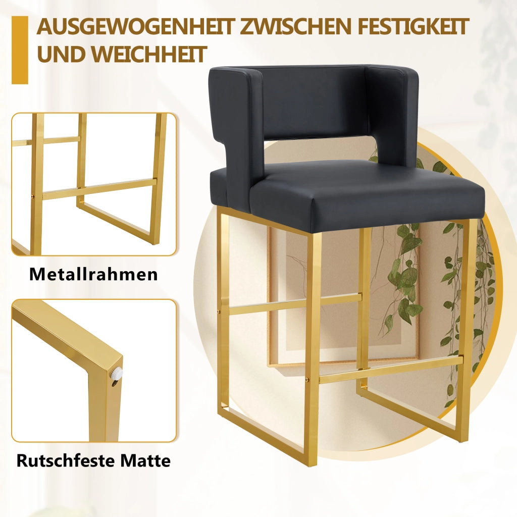Set di 2 Sgabelli da Bar; Design Nordico con Seduta Quadrata Imbottita e Gambe Geometriche; Metallo e PU; Nero e Oro