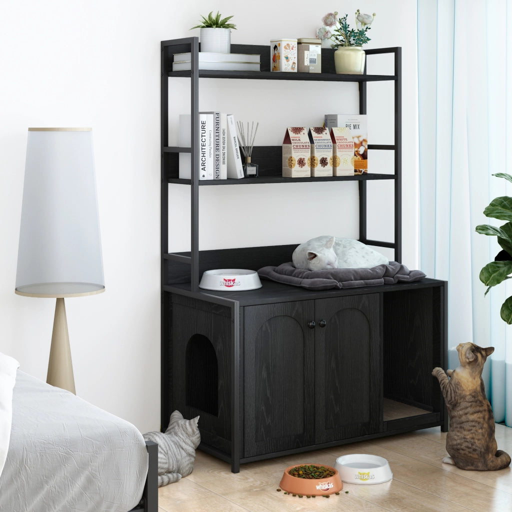 MOBILETTO LETTIERA per gatti con scaffali 3 livelli, nero, MDF e metallo
