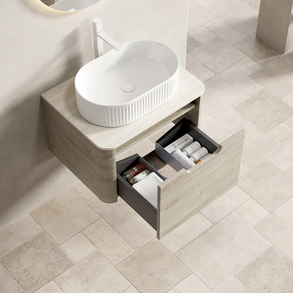 Mobile sottolavabo con lavabo ovale in ceramica e top in pietra sinterizzata travertino beige 60 × 46 × 50,2 cm