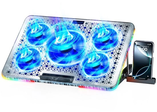 Pannello raffreddante per laptop, raffreddatore per gaming, 5 ventilatori silenziosi con grande piastra metallica