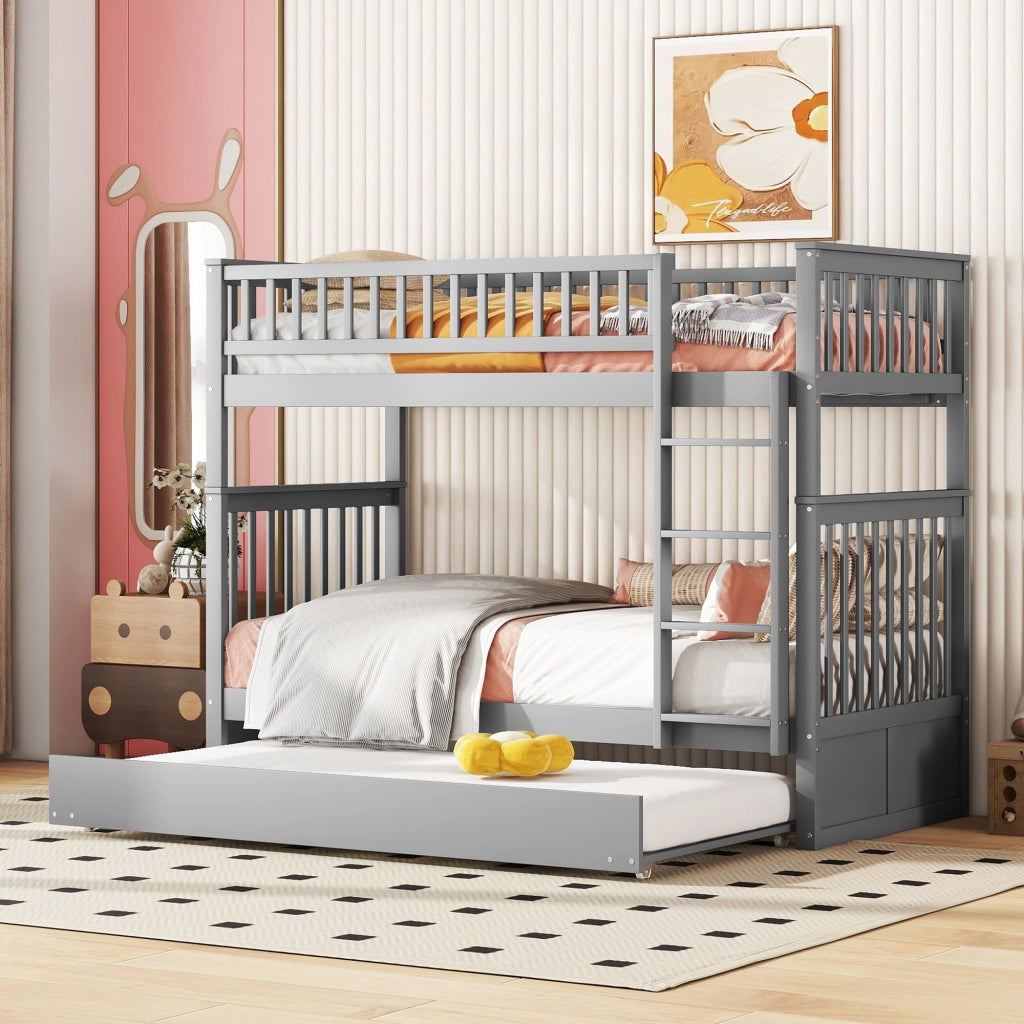 Letto a castello per bambini 90x200 cm - Zephmum - Grigio, 3 posti, letto estraibile, scala stabile