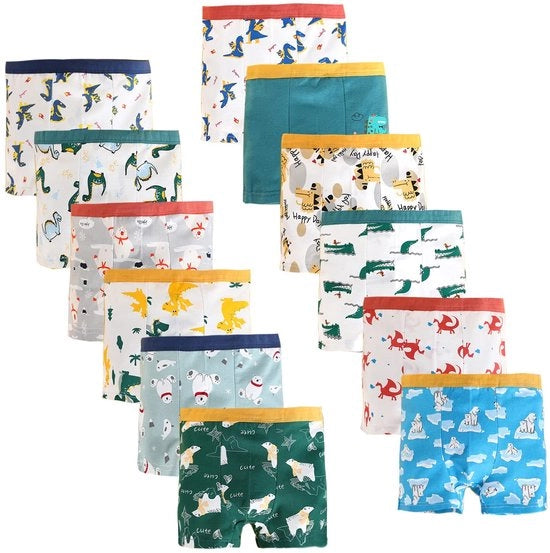 Calze da boxers 12 pezzi - Cotone - Ademabile - Idoneo per la pelle - Disegno Dinosauri/Orso Polare - Taglie 1-13 anni - Sottovestiti