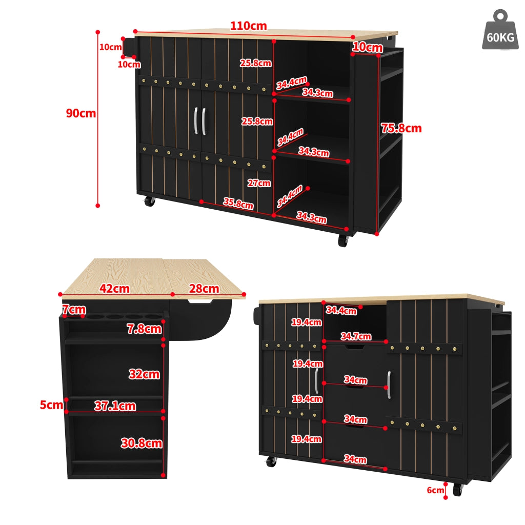 OKWISH Carrello da Cucina con 2 Ante Scorrevoli e 3 Cassetti, Piano Ribaltabile, Portasciugamani e Ruote, 110 × 42 × 90 cm