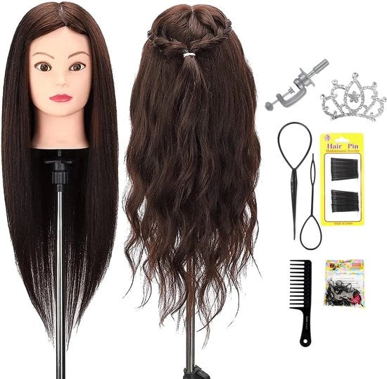 Capigliatura di formazione al 50% di capelli realistici 52 pollici - testa da barbiere con supporto e set di stili di capelli a treccia