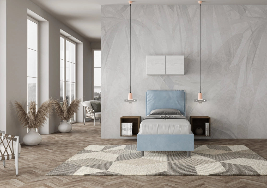 BS COM Letto singolo senza rete imbottito 90x190 microfibra azzurro