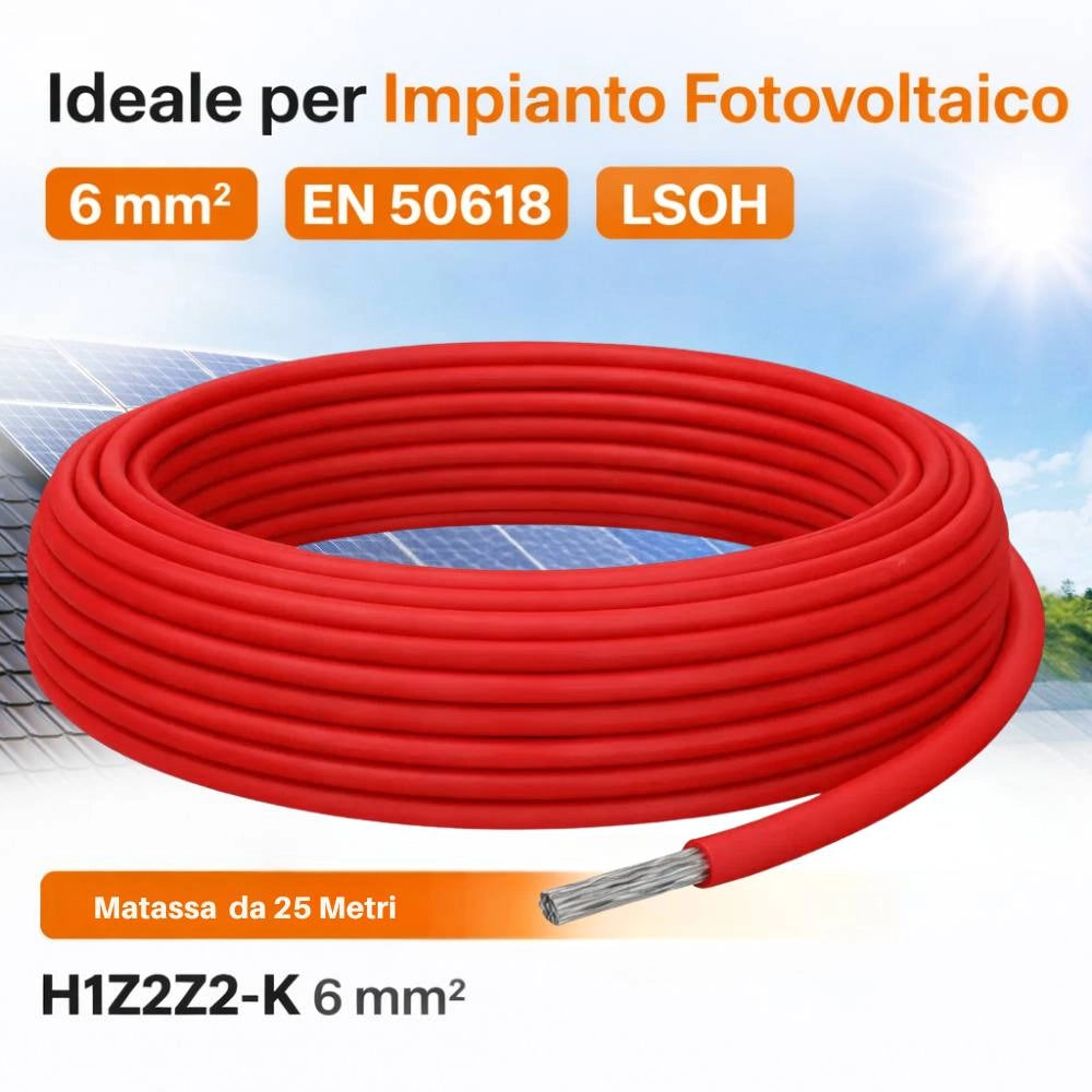 Cavo solare unipolare rosso flessibile 6 mm² per impianti fotovoltaici *** lunghezza metri 25, confezione 1