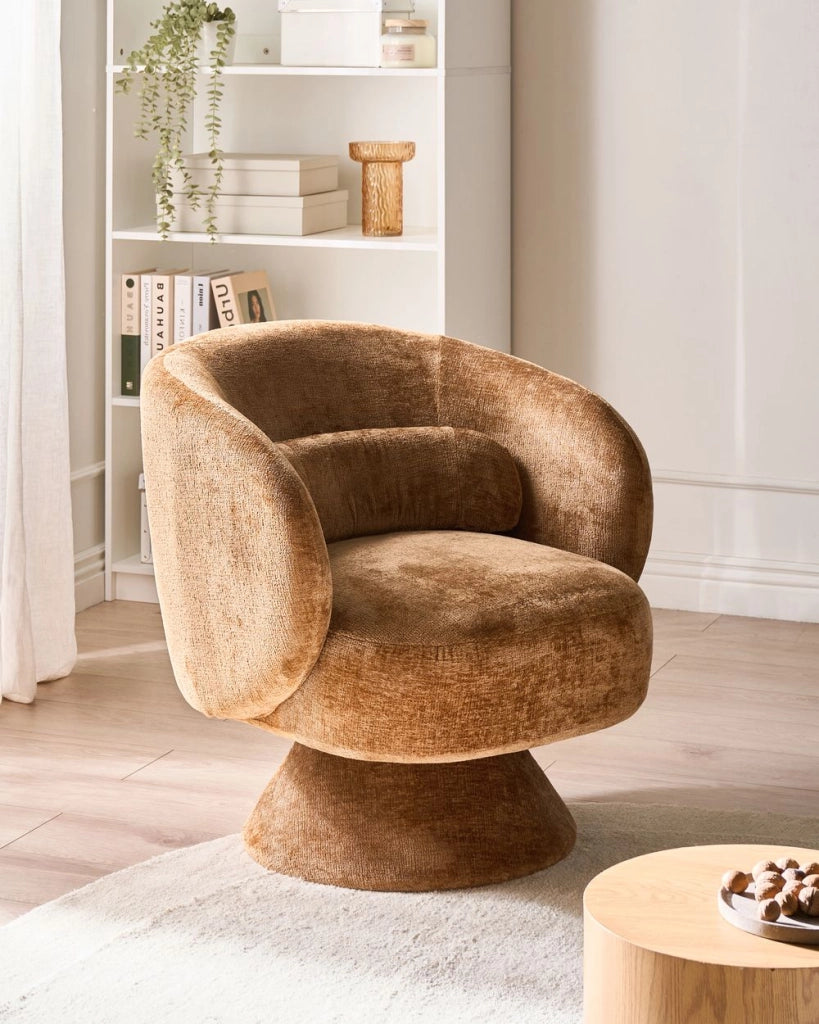 Poltrona girevole con seduta in ciniglia marrone dorato senza braccioli con cuscino, schienale rotondo, gambe in metallo, stile retrò