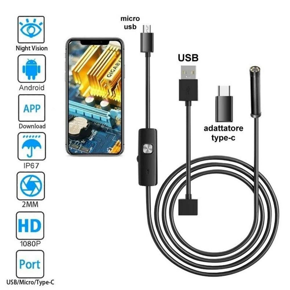Trade Shop - Telecamera Endoscopica 10 Mt Type-c Usb Mini Usb F Flessibile Impermeabile 6 Led -