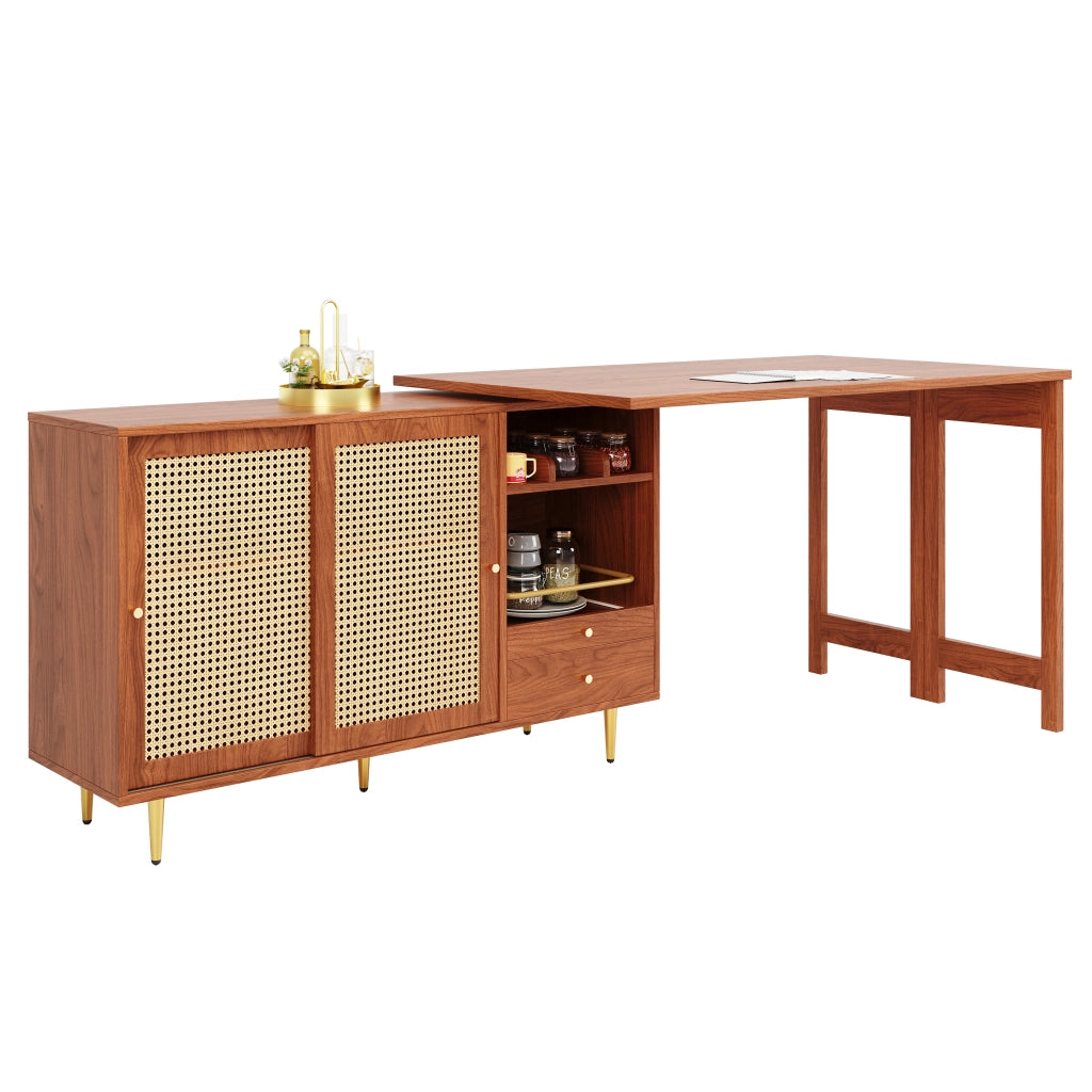 Tavolo Bar Girevole 360¡ã con Anta in Rattan e Ripiano ¨C MINIMAL ¨C Legno Marrone 107x40x71