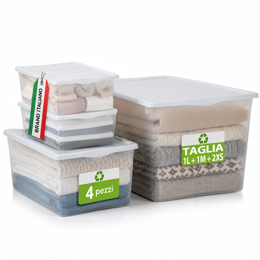 Set 4 Pezzi Spring Box 1L + 1M + 2XS Contenitori Trasparenti e Coperchio Bianco