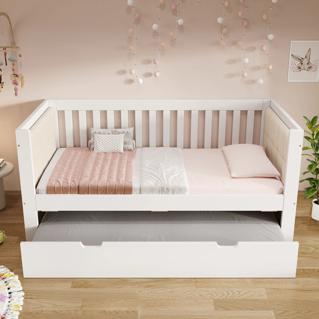 DESMIU Divano letto 90 × 200 cm e 90 × 190 cm 1 posto con letto estraibile, senza materasso, in legno, bianco