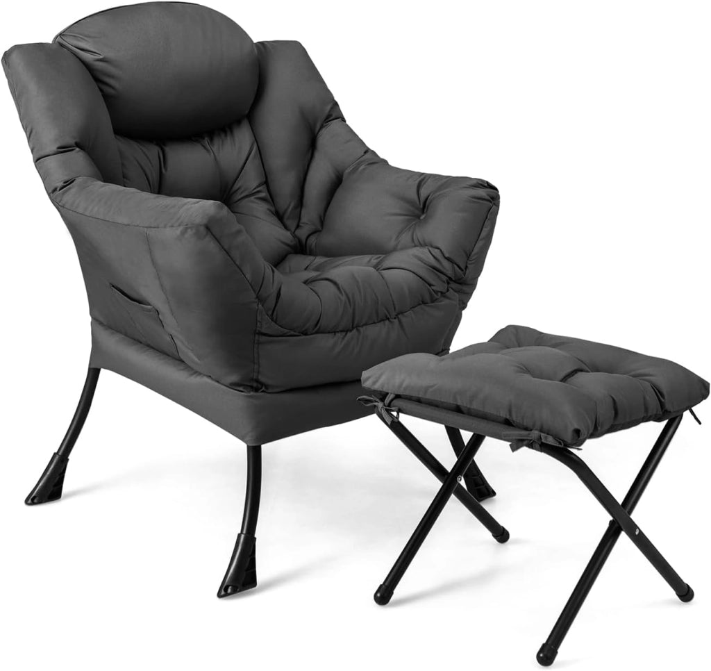 Poltrona Pigra con Poggiapiedi, Poltrona da Lettura Moderna con Cuscino, Braccioli, Poltrona d'Accento per Soggiorno, Camera da Letto, Ufficio e Esterno (grigio)