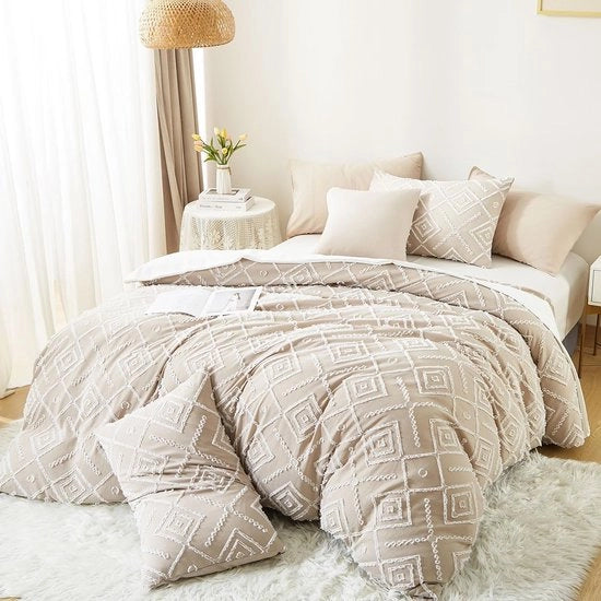 Set di coperte da letto, 135 x 200 cm, kaki, bohemiano, geometrico, vintage, reversibile, con cerniera a zip e 1 cuscino, di microfibra, shabby chic, stile Bohemian.