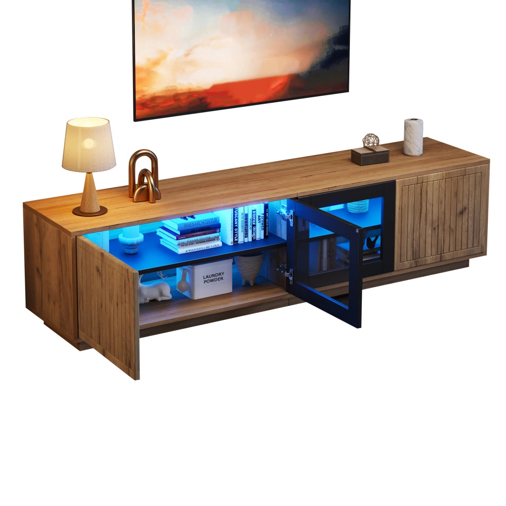 Mobile TV 180 x 40 x 45 cm in pannello truciolare, colore naturale e nero, con ante in vetro temperato e illuminazione LED