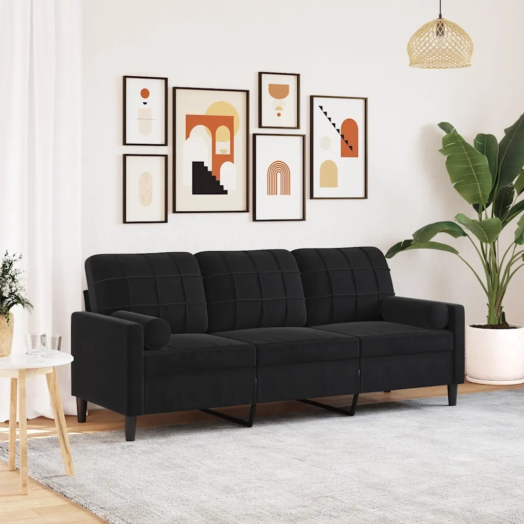 Divano a 3 Posti con Cuscini-Sofa 3 Posti con Cuscini Nero 180 cm in Velluto 147019